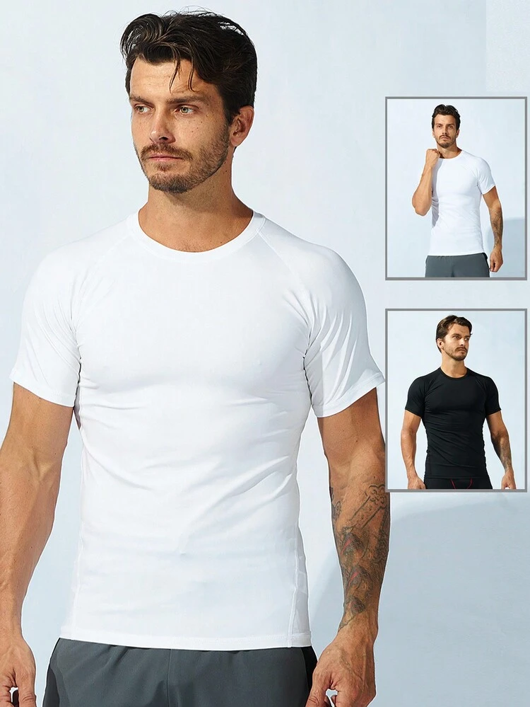 Men Solid Raglan Sleeve Sports Tee Workout Tops Basic T Shirt 2-Piece Set