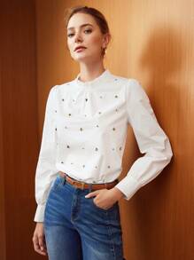 MOTF PREMIUM STUDDED FRILL-NECK BLOUSE