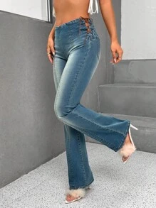 SHEIN Unity Ren Up Side Quần ống loe - Rửa trung bình - Xem 1