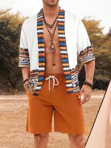 Manfinity RSRT 鬆身款式男士和服風格幾何印花上衣和短褲,附帶拉繩腰帶 - 彩色 - 查看 1