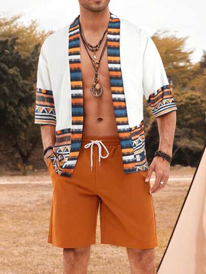 Guys Geo Print Kimono & Drawstring Waist Shorts