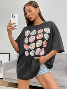SHEIN EZwear Camiseta de hombros caídos con estampado de dibujos animados - Gris Oscuro - Ver 5