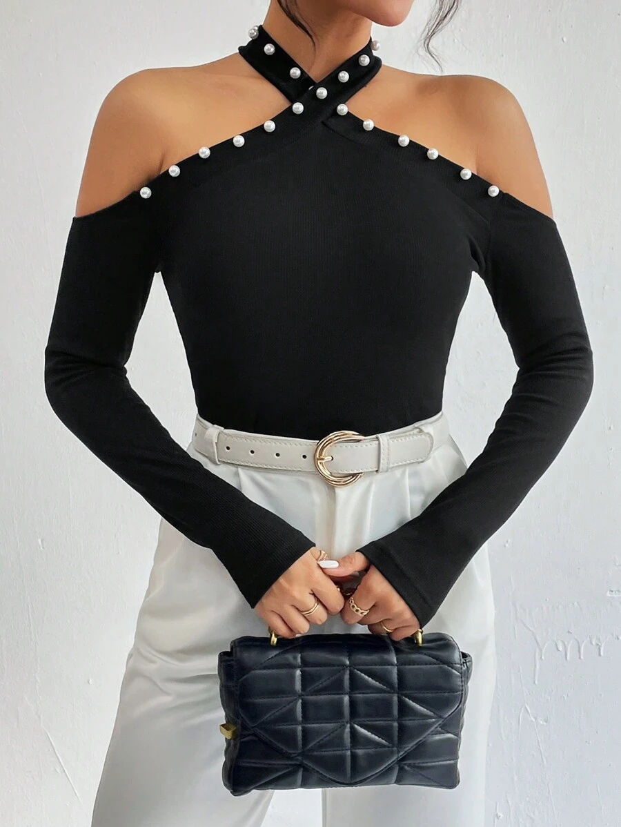 SHEIN Privé Áo thun trễ vai có đính đá - màu đen - Xem 1