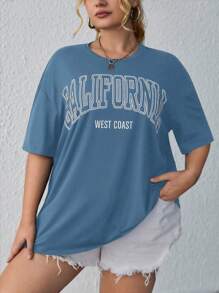 SHEIN EZwear Plus Letter Graphic Drop Shoulder Tee - Blue - View 4