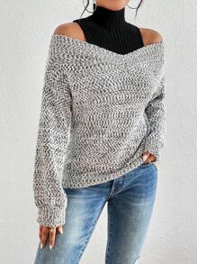 SHEIN LUNE 双色露肩两用毛衣，长袖针织套头衫，秋冬毛衣 - 灰色 - 查看 3