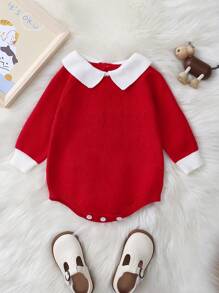 女嬰拼接領插肩袖針織連身背心 - 紅色 - 查看 1