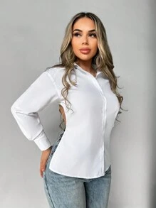 VaVaBold 链条细节露背短款衬衫、长袖上衣 - 白色 - 查看 5