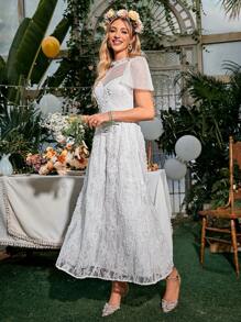 Simplee Puff Sleeve Lace Wedding Dress Without Veil - White - View 5