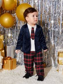 SHEIN 男嬰1入組格紋印花襯衫帶系帶&1入組格子呢圖案長褲&1入組西裝外套 - 彩色 - 查看 4