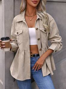 SHEIN Clasi 翻蓋口袋落肩袖荷葉擺燈芯絨大衣 - 杏色 - 查看 5