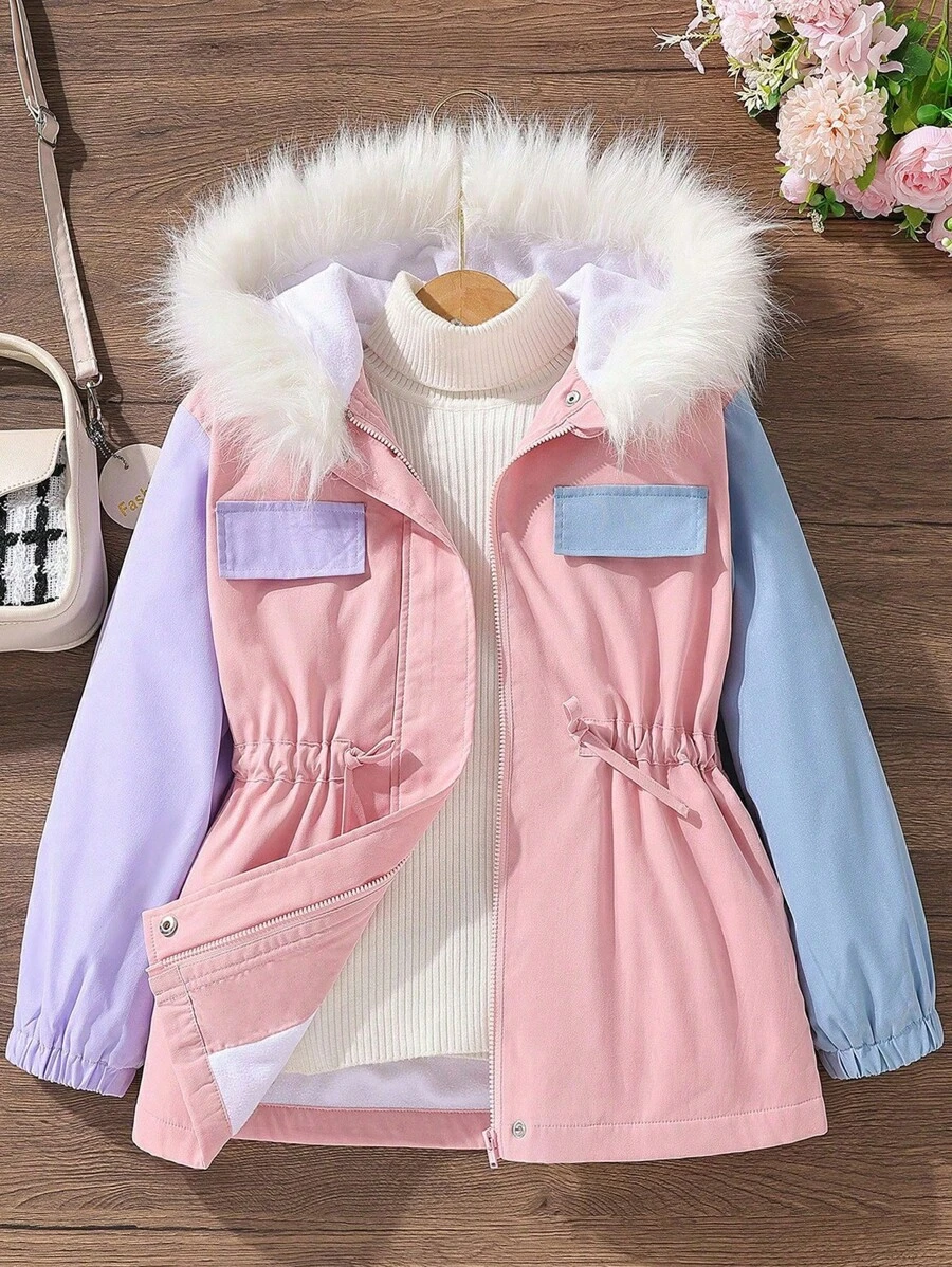 SHEIN 女大童撞色毛茸邊連帽加絨內裏外套無毛衣 - 粉色 - 查看 1