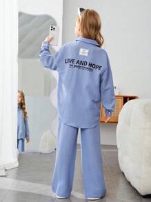 SHEIN Leap Crew 女大童1入組標語圖案落肩袖襯衫&1入組闊腿褲 - 淺藍色 - 查看 1