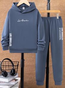 SHEIN Tween Boy Slogan Graphic Hoodie & Sweatpants - Blue - View 7