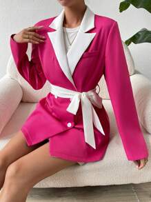SHEIN Privé 休閒腰帶 前紐扣撞色女士西裝外套 - 玫紅色 - 查看 1