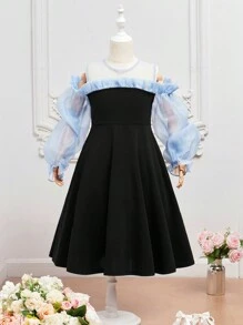 SHEIN 女大童挖肩荷葉邊荷葉袖洋裝不附腰帶 - 黑色 - 查看 2