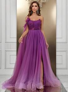 SHEIN Belle 厚重款式女士晚礼服，船形领口，渐变色，装饰性皮草和蝴蝶结，单肩，垂褶袖子，长拖尾 - 紫色 - 查看 6