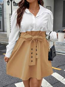 Celure Talla grande Vestido camisero de dos tonos con cinturón - Caqui - Ver 4