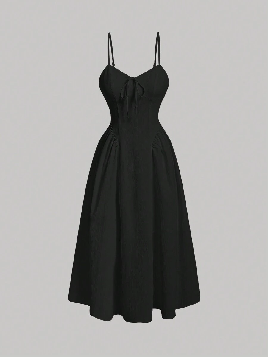 SHEIN MOD Solid Fold Pleated Cami Dress - Black - View 1