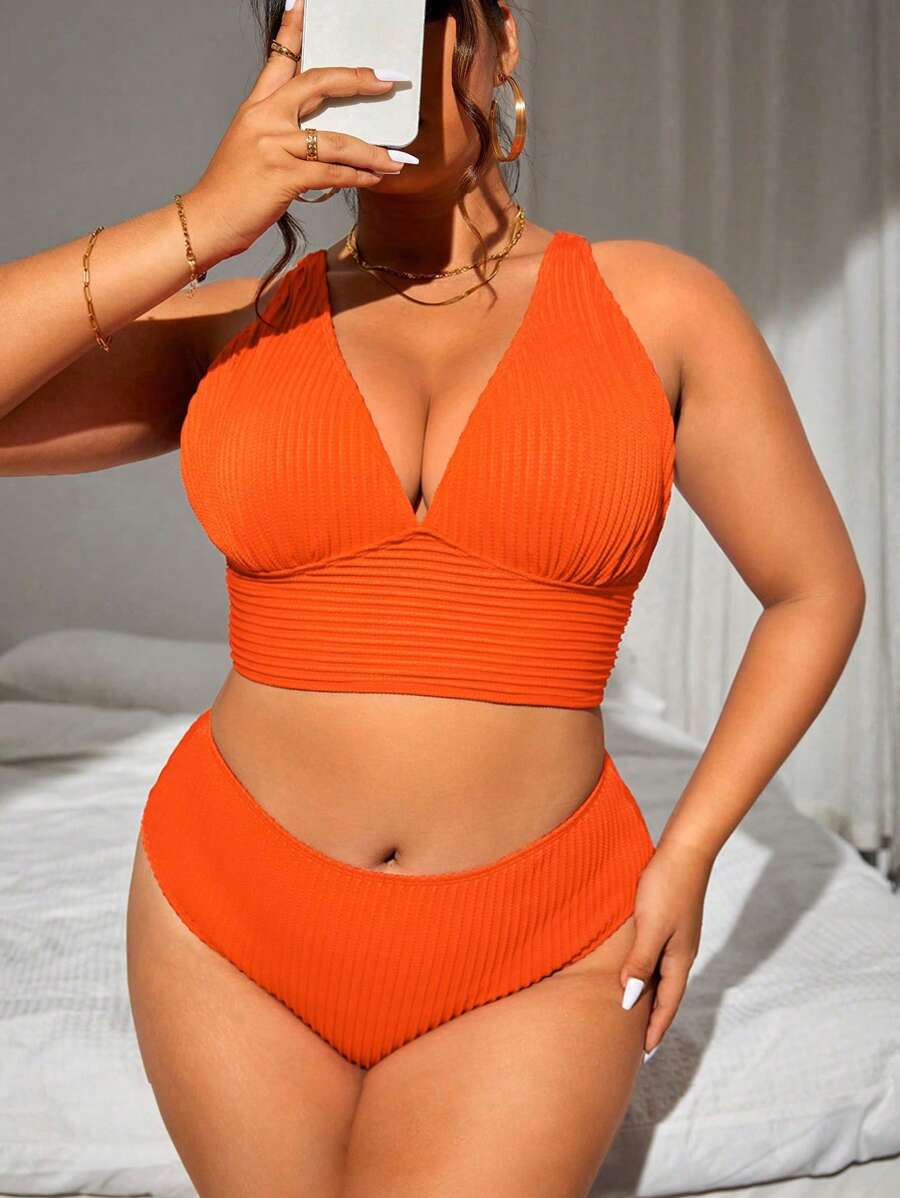 SHEIN Swim Curve 夏季大码霓虹橙色罗纹针织比基尼套装 - 亮橙色 - 查看 1