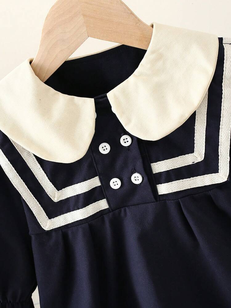 Bebé niña Vestido smock de cuello bobo de manga con volante - Azul Marino - Ver 3
