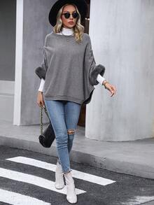 SHEIN LUNE Solid Batwing Sleeve Sweater - Grey - View 3