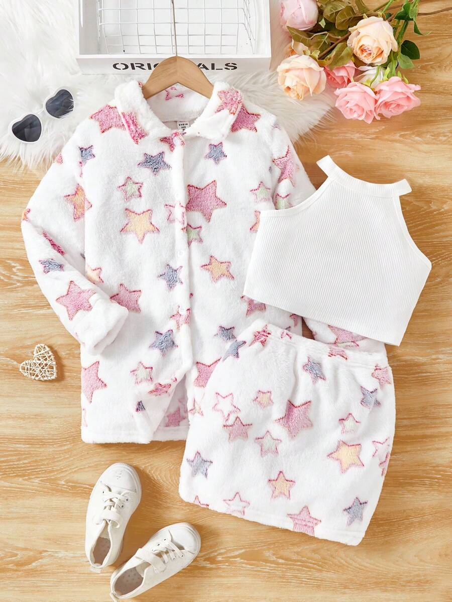 SHEIN Ragazza Tween con modello stelle flanella Cappotto & Top halter & Gonne - Bianco - Visualizzare 1