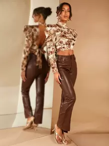 SHEIN BAE 印花後背繫帶羊腿袖短款襯衫 - 彩色 - 查看 3