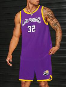 Manfinity RebelGame Men Letter Graphic Contrast Trim Tank Top & Shorts - Violet Purple - View 5