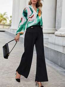 SHEIN Privé Marble Print Lantern Sleeve Blouse - Multicolor - View 6