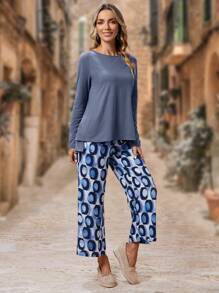 EMERY ROSE Solid Tee & Allover Print Pants