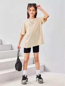 SHEIN Tween Girl Apricot Color Text Slogan z nadrukiem Modna letnia koszulka z krótkim rękawem