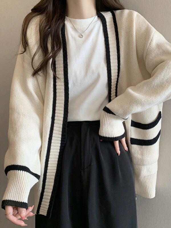 Contrast Trim Drop Shoulder Duster Cardigan,Long Sleeve Tops