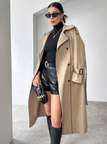 SHEIN Essnce Contrast Piping Double Breasted Belted Trench Coat - Khaki - View 3