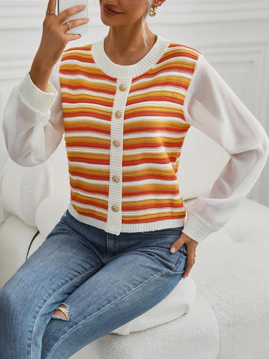 SHEIN LUNE 條紋圖案前紐扣套頭毛衣 - 彩色 - 查看 1