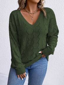 SHEIN LUNE Plus Pointelle Knit Drop Shoulder Sweater, Winter Knit Pullover Fall Autumn - Dark Green - View 6