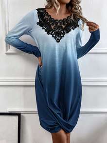 SHEIN LUNE 蕾絲拼接扭結下擺漸層洋裝 - 藍白色 - 查看 3