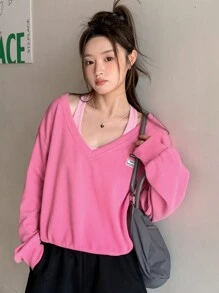 DAZY 字母貼布落肩袖二合一運動衫 - 粉色 - 查看 6