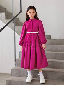 SHEIN Chica preadolescente Vestido camisero de manga farol bajo con fruncido - Rosa Fucsia - Ver 5