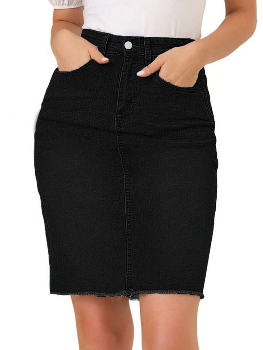 Slant Pocket Raw Hem  Skirt - Black - View 1