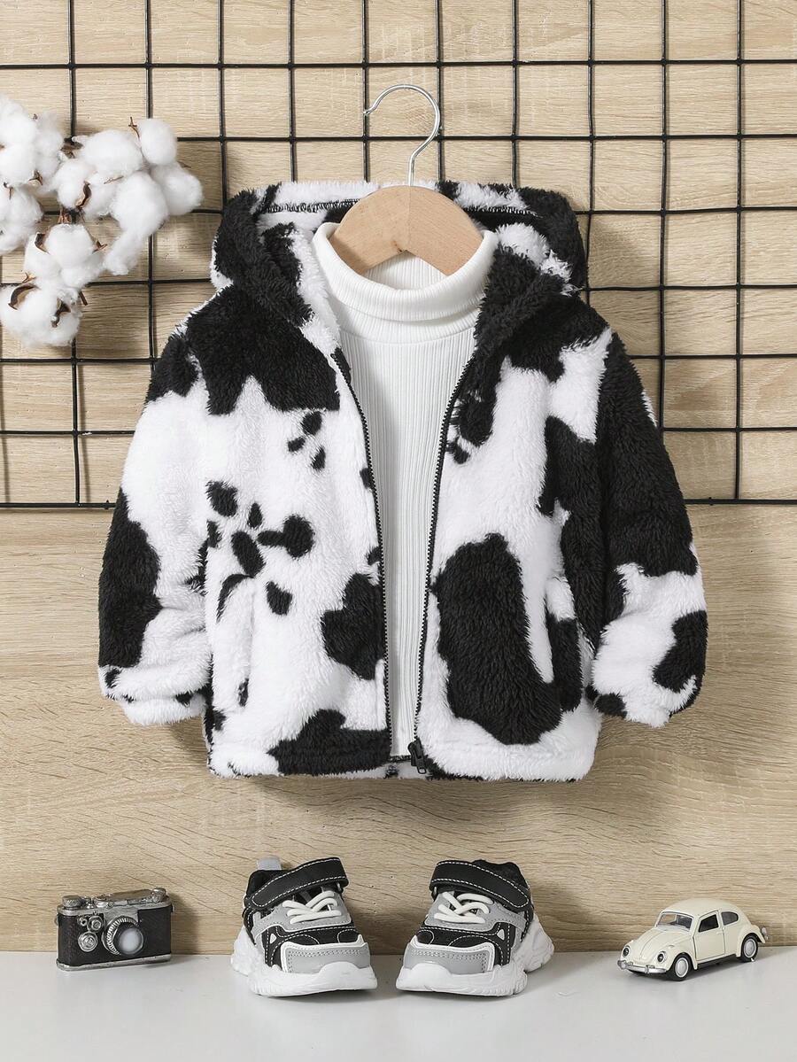 SHEIN 男嬰奶牛圖案連帽毛絨夾克無毛衣 - 黑與白 - 查看 1