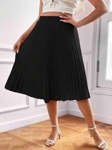 SHEIN Privé Hơn Chất rắn Chân Váy xếp ly - màu đen - Xem 3