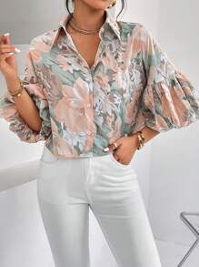 SHEIN Privé Áo sơ mi tay đèn lồng họa tiết hoa, Áo tay ba phần tư - Nhiều màu - Xem 6