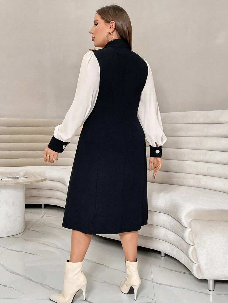 Plus Colorblock Lantern Sleeve Double Breasted Dress
