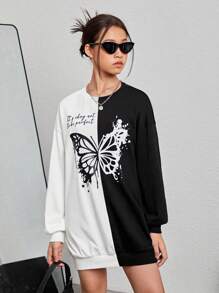 Teen Girl Butterfly Print Two Tone Drop Shoulder Sweatshirt Dress - Black and White - View 5