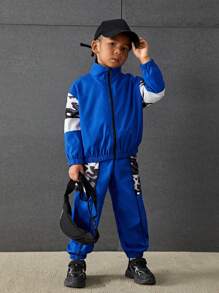 Young Boy Casual Loose Patchwork Color Block Stand Collar Jacket And Elastic Cuff Pants Set (Lightweight/Fleece/Thickened) - Blue - View 4