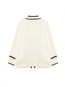 撞色饰边落肩长袖开衫、长袖上衣