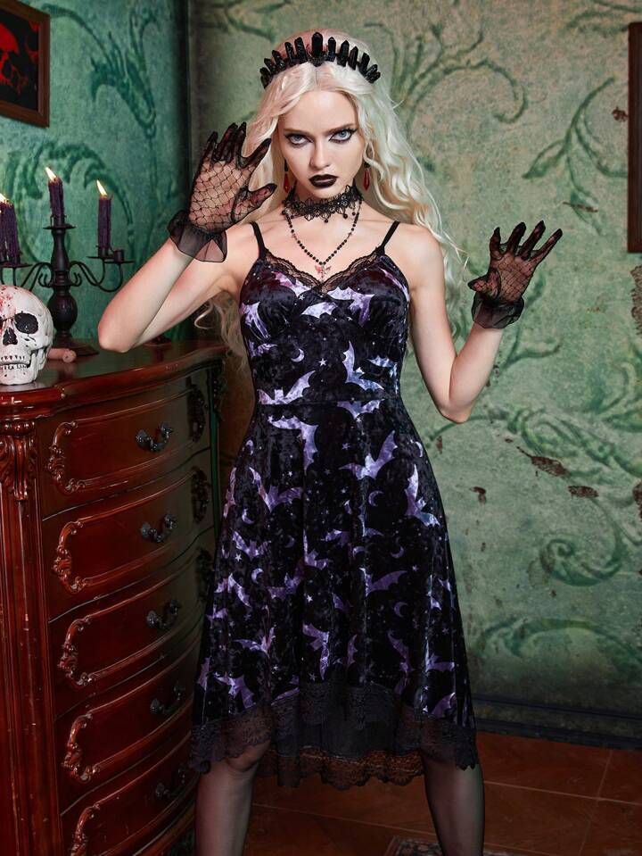 strapless open back dress Gothic Bowknot Velvet Embossed Lace Trim Hook and Eye Frog Buttons A Line Dress Black / L main image 1