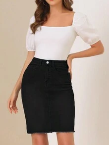 Slant Pocket Raw Hem  Skirt - Black - View 4