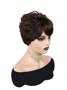 Short Wavy Bob Pixie Cut Full Machine Made Non Lace Human Hair Wigs With Bangs - S4 - View 3