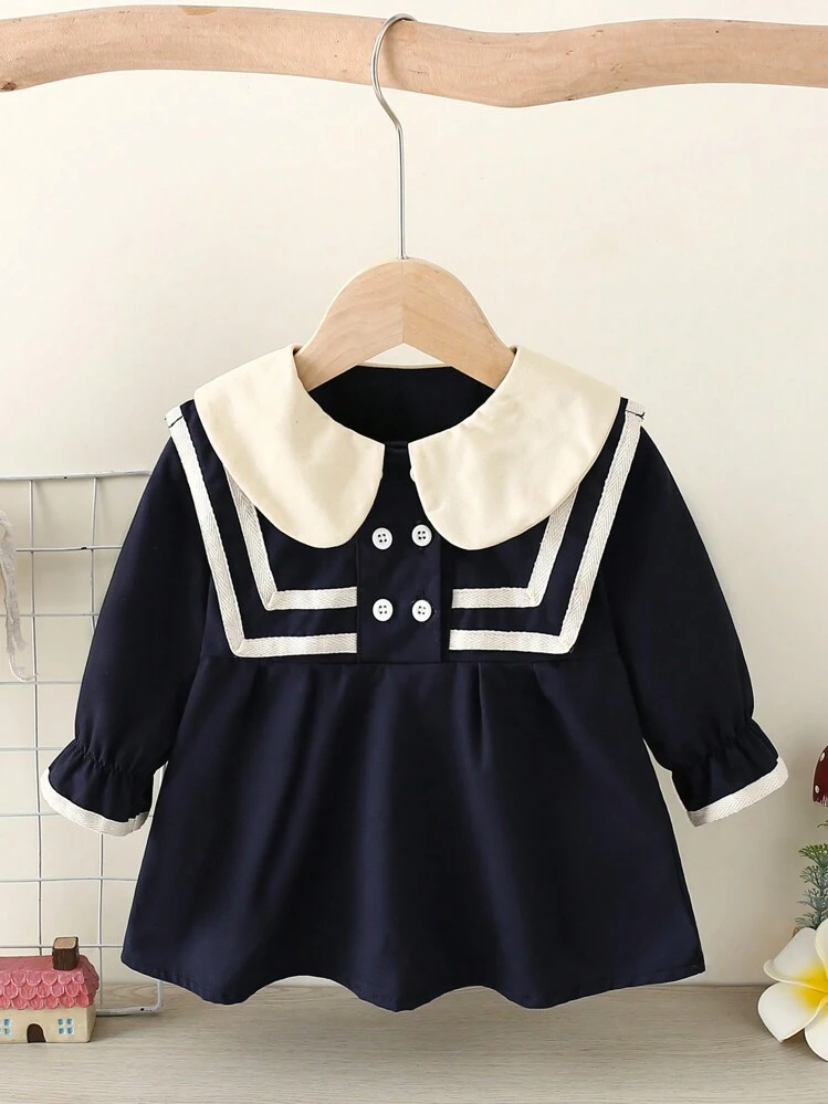 Bebé niña Vestido smock de cuello bobo de manga con volante - Azul Marino - Ver 1